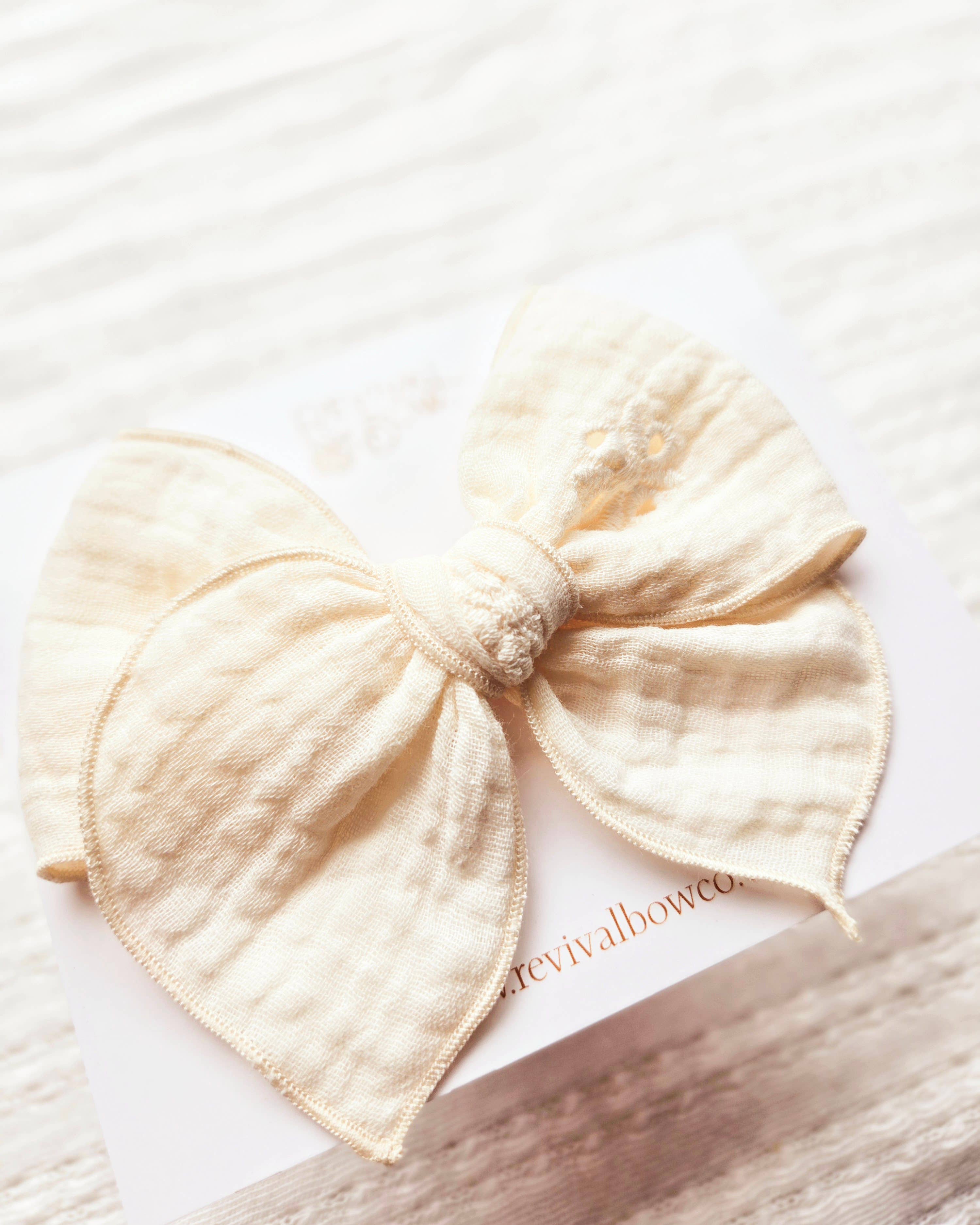 Fable Bow on Clip • Embroidered Cream Gauze