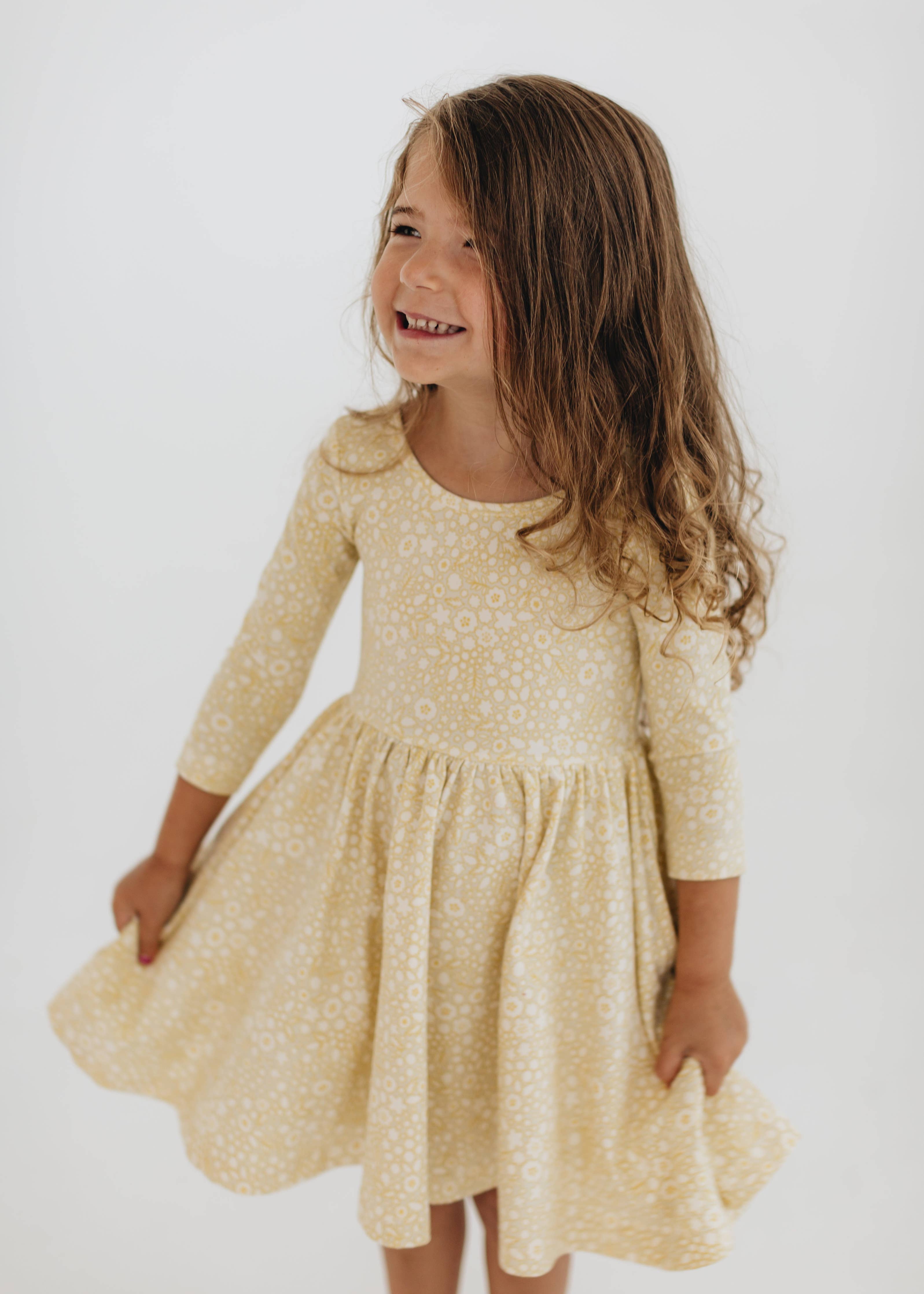 3/4 Sleeve Twirl Dress in Buttercup