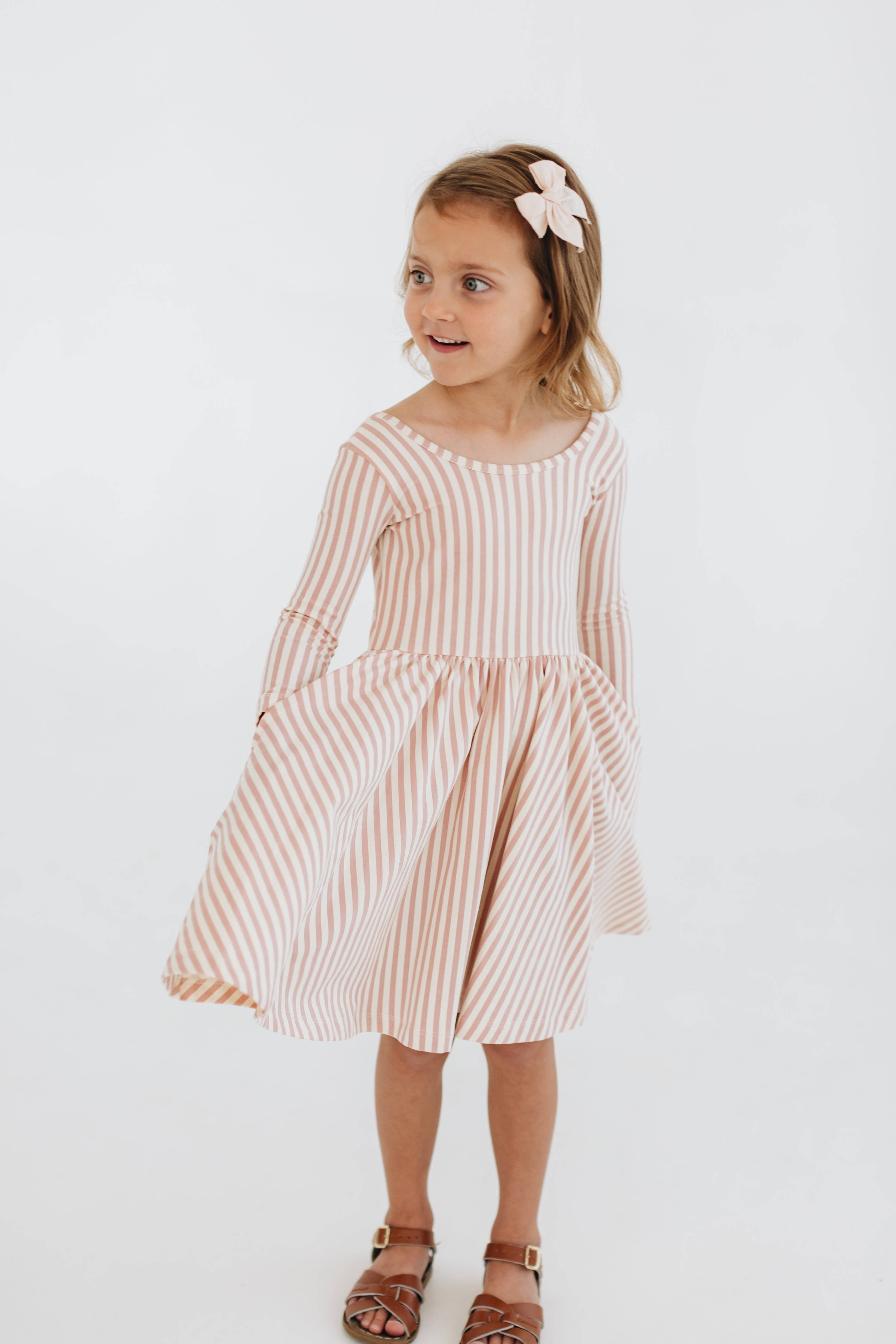 3/4 Sleeve Twirl Dress in Vintage Pink Stripes