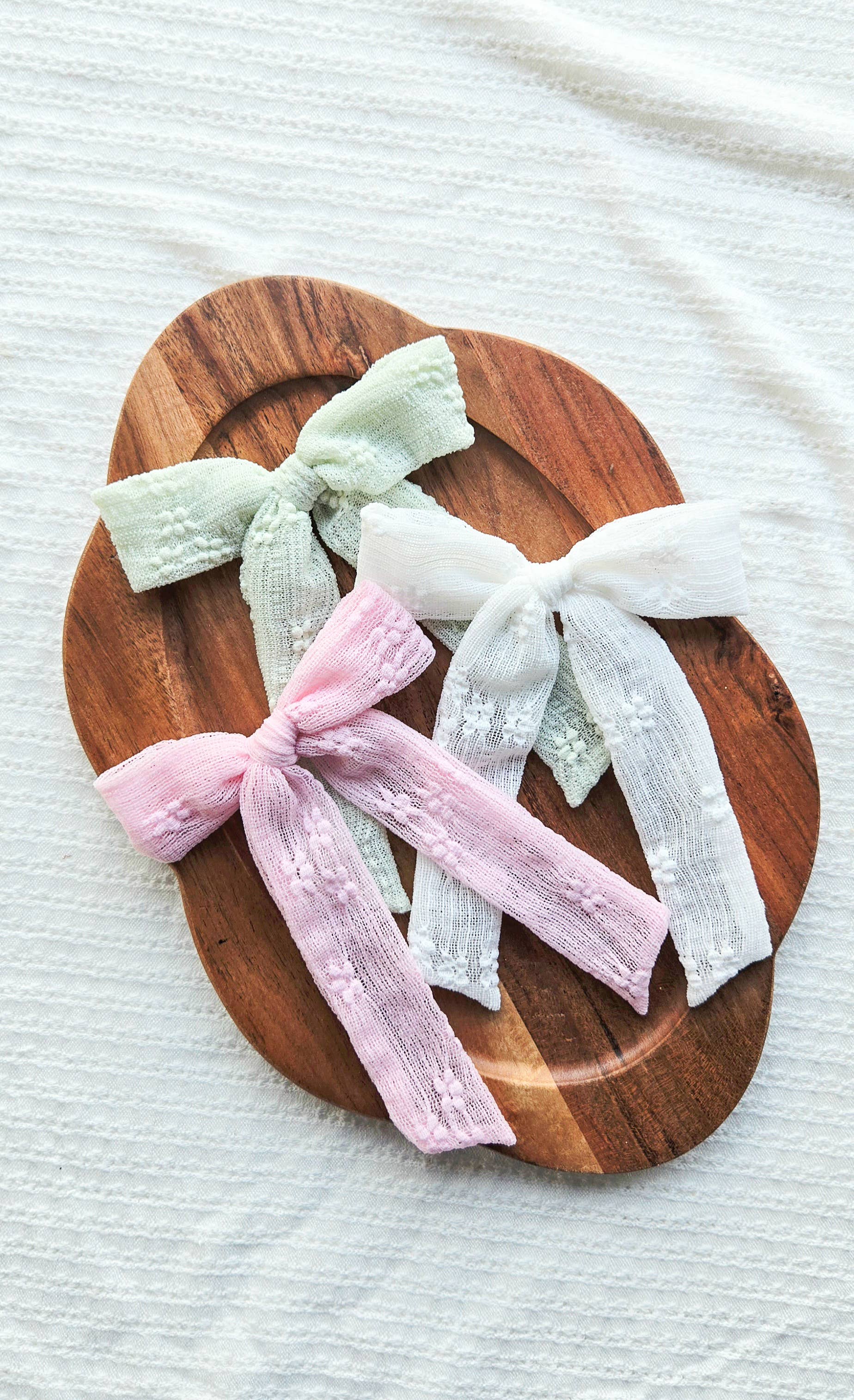 Long Tail Bow on Clip • White Floral Lace