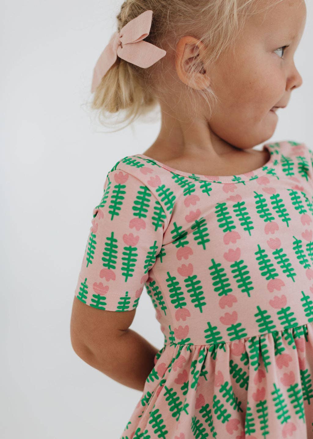 Short Sleeve Twirl Dress in Pink Tulips