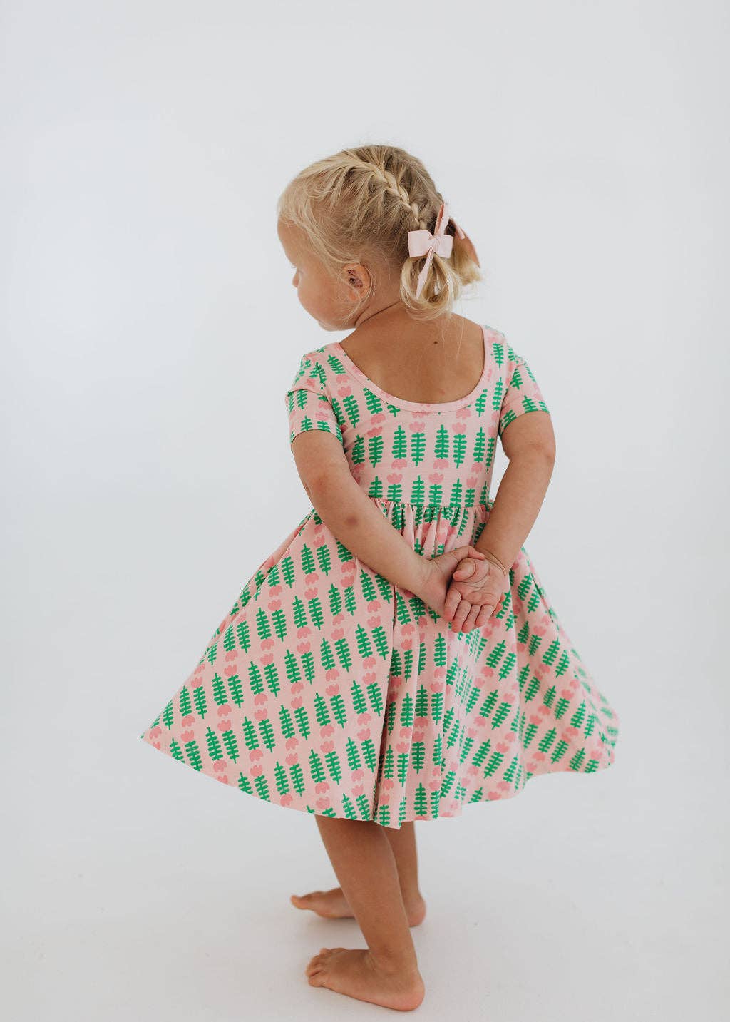 Short Sleeve Twirl Dress in Pink Tulips