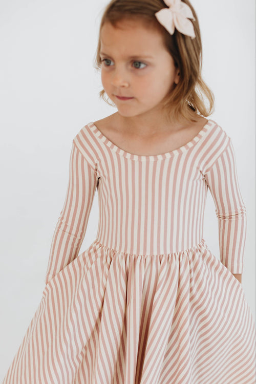 3/4 Sleeve Twirl Dress in Vintage Pink Stripes