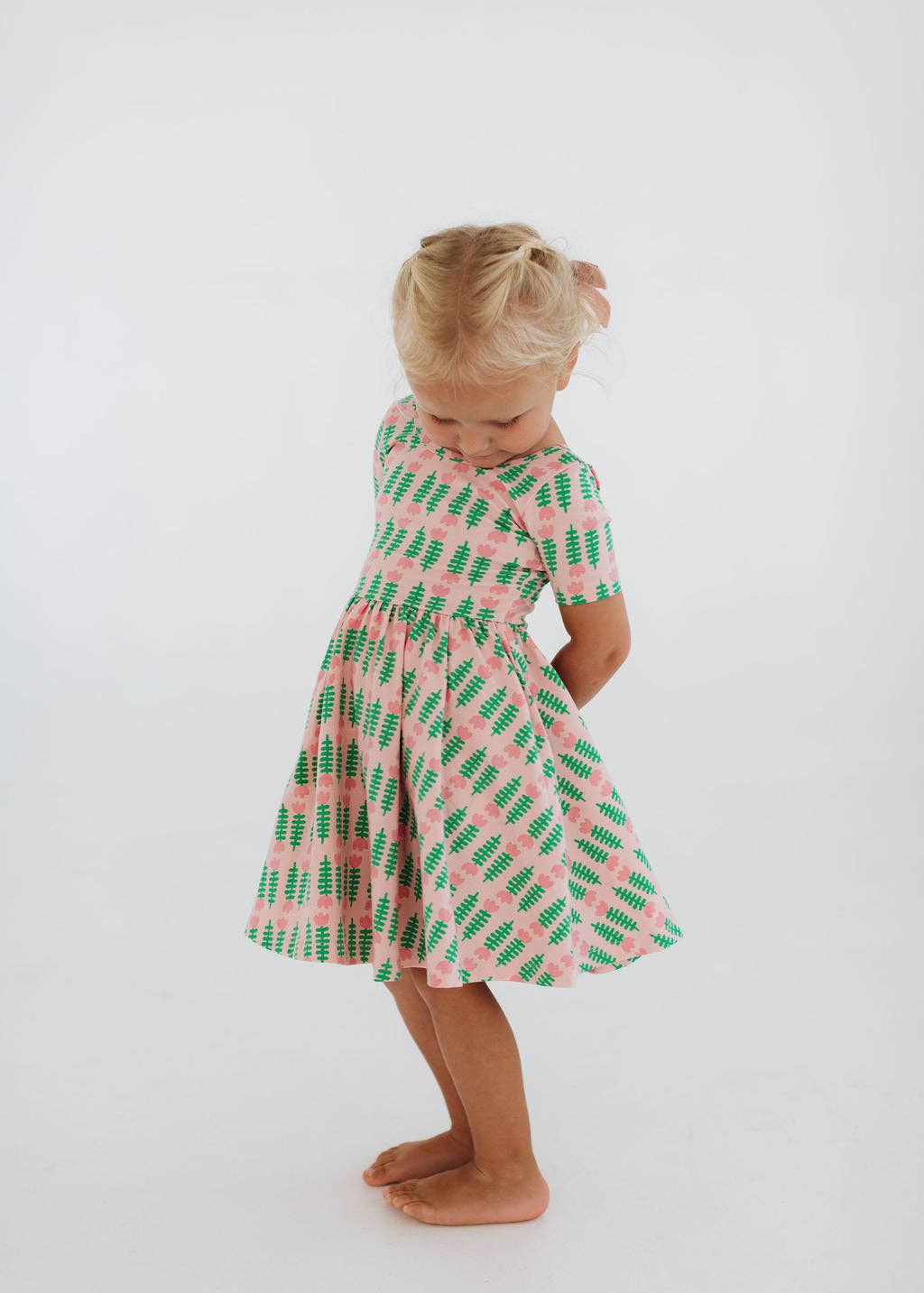 Short Sleeve Twirl Dress in Pink Tulips