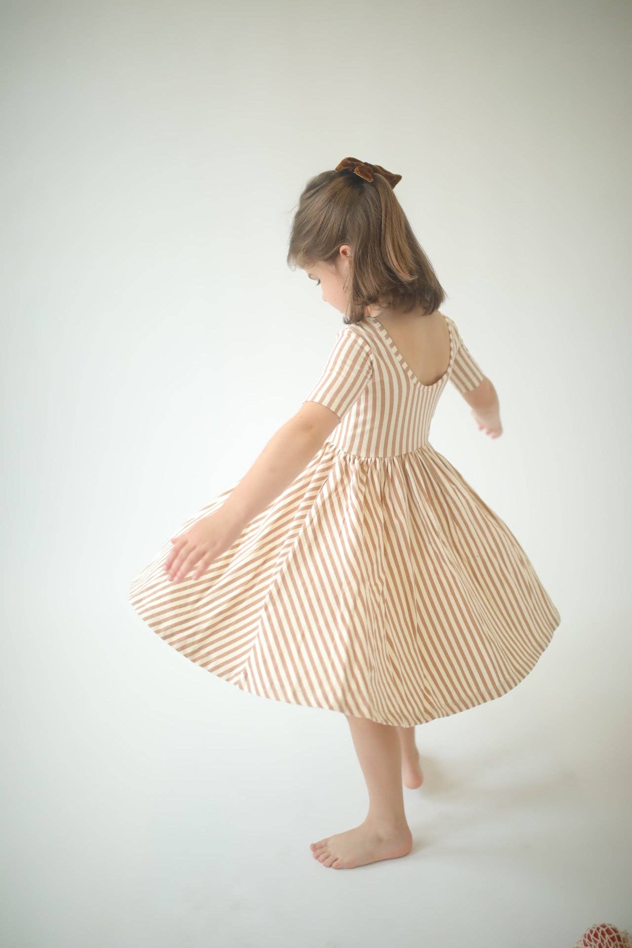 Short Sleeve Twirl Dress in Toffee Stripes