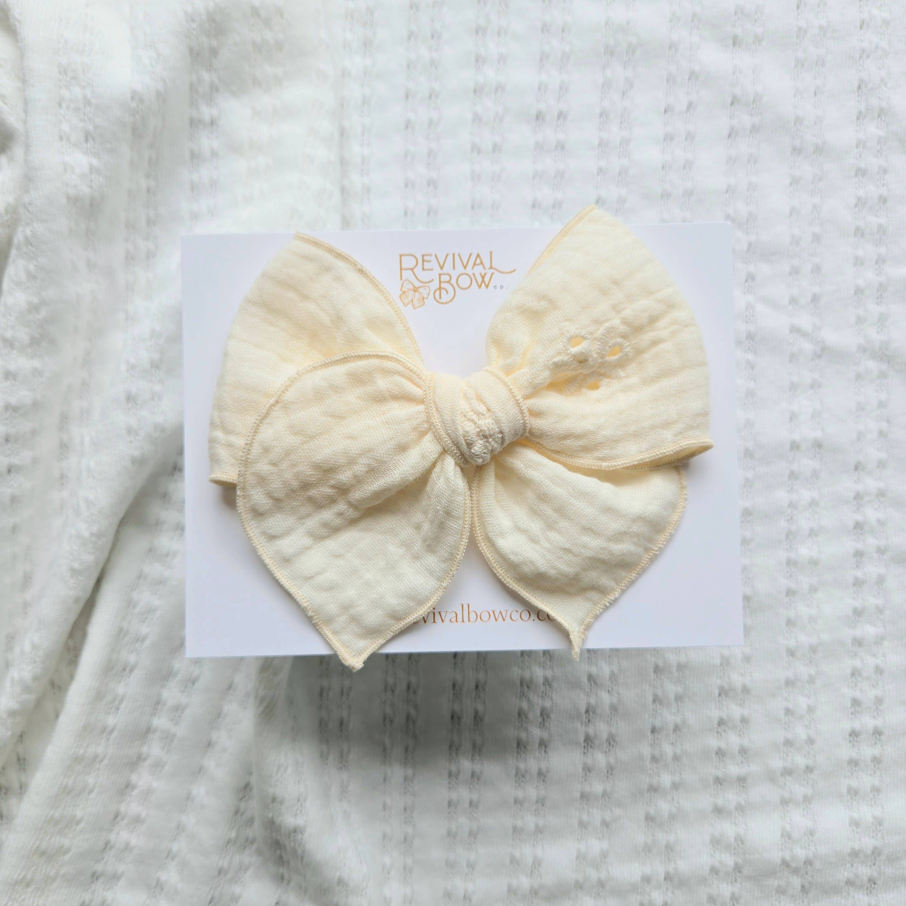 Fable Bow on Clip • Embroidered Cream Gauze