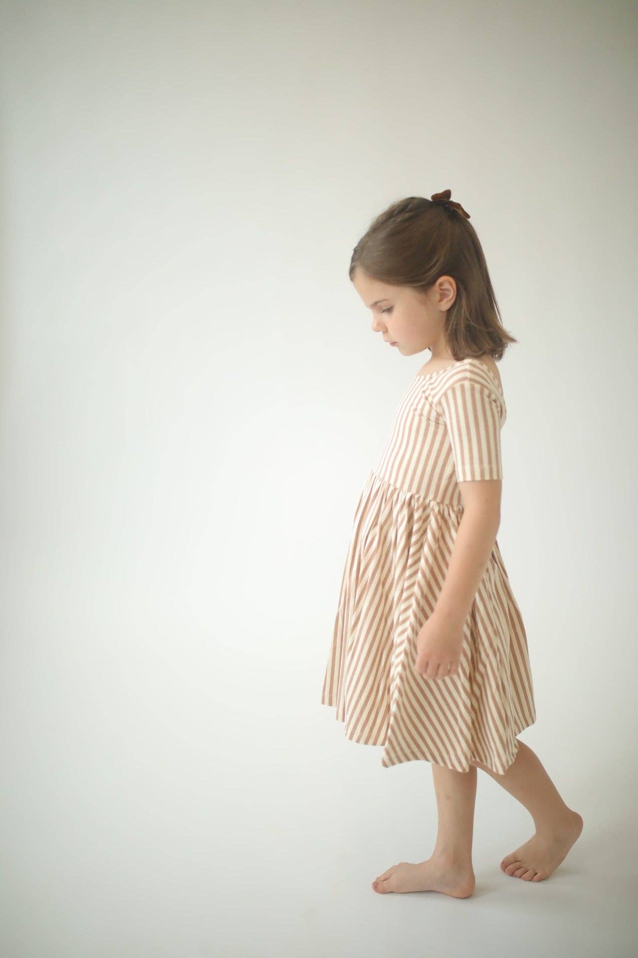 Short Sleeve Twirl Dress in Toffee Stripes