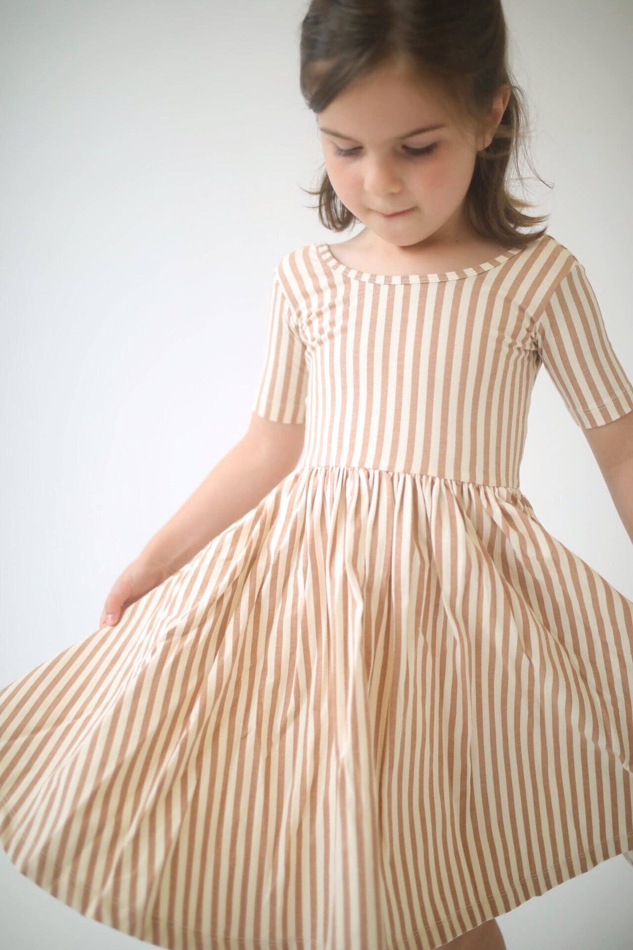 Short Sleeve Twirl Dress in Toffee Stripes